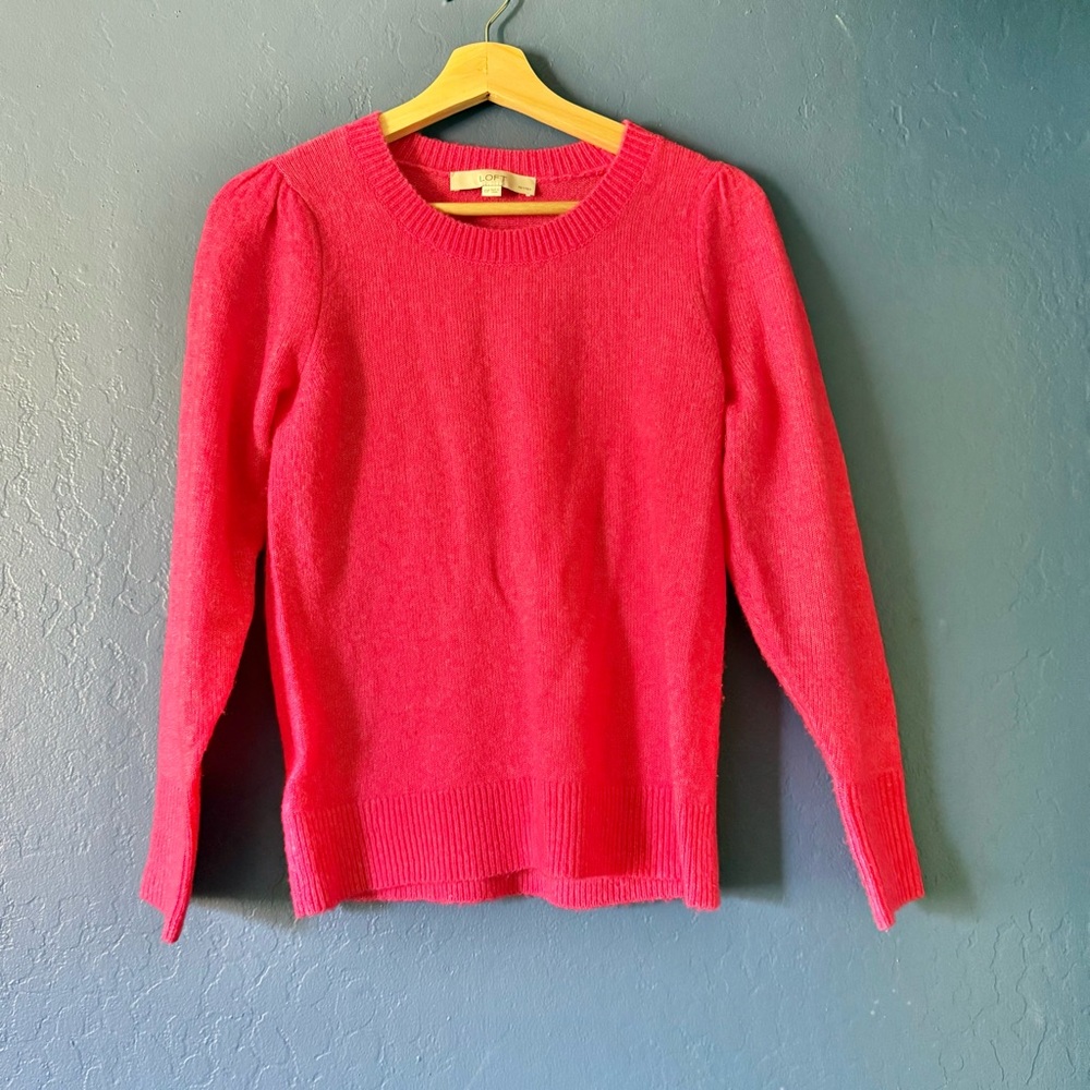 Loft Hot Pink Knit Sweater with Puff Sleeves XS Petite - Picture 2 of 13